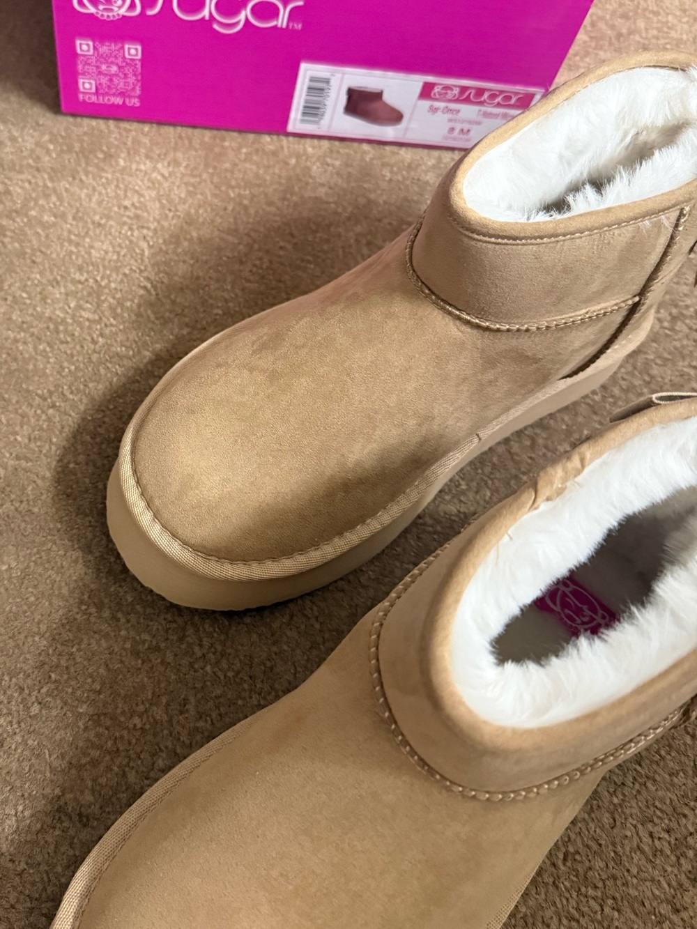 Sugar Tan Faux-Suede Ankle Booties with White Plush Lining